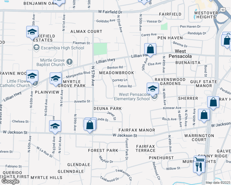map of restaurants, bars, coffee shops, grocery stores, and more near 50 Adkinson Drive in Pensacola