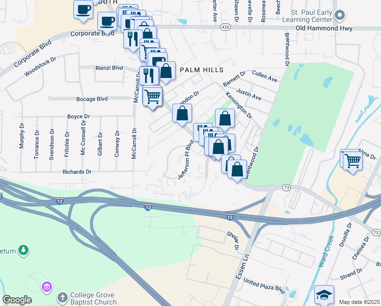 map of restaurants, bars, coffee shops, grocery stores, and more near 7956 Jefferson Place Boulevard in Baton Rouge