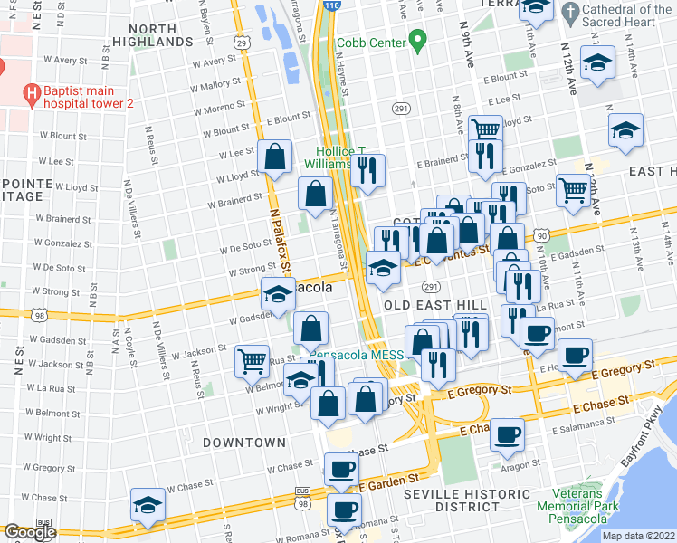 map of restaurants, bars, coffee shops, grocery stores, and more near 803 North Tarragona Street in Pensacola