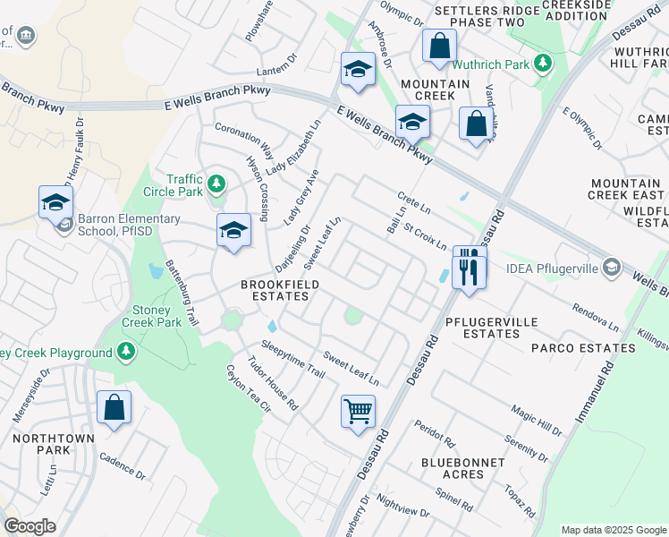 map of restaurants, bars, coffee shops, grocery stores, and more near 1401 Tea Leaf Drive in Pflugerville
