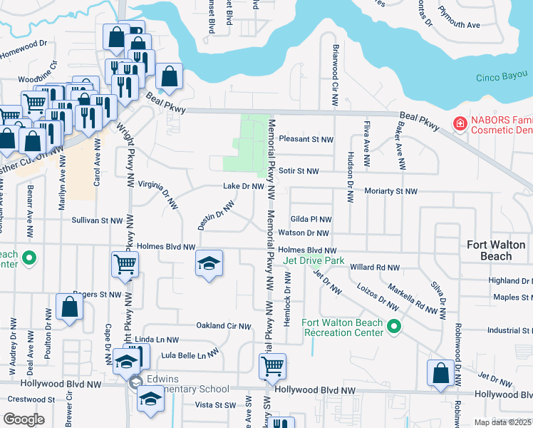 map of restaurants, bars, coffee shops, grocery stores, and more near 108 Memorial Parkway Northwest in Fort Walton Beach