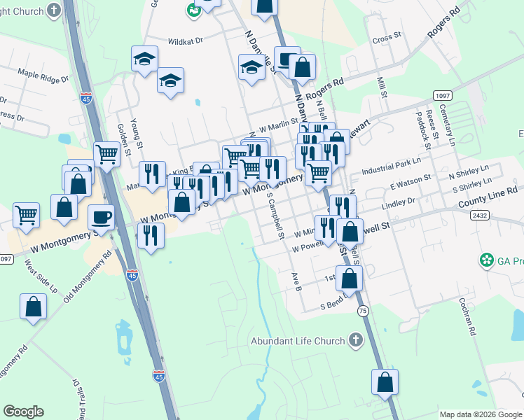 map of restaurants, bars, coffee shops, grocery stores, and more near 200 South Woodson Street in Willis
