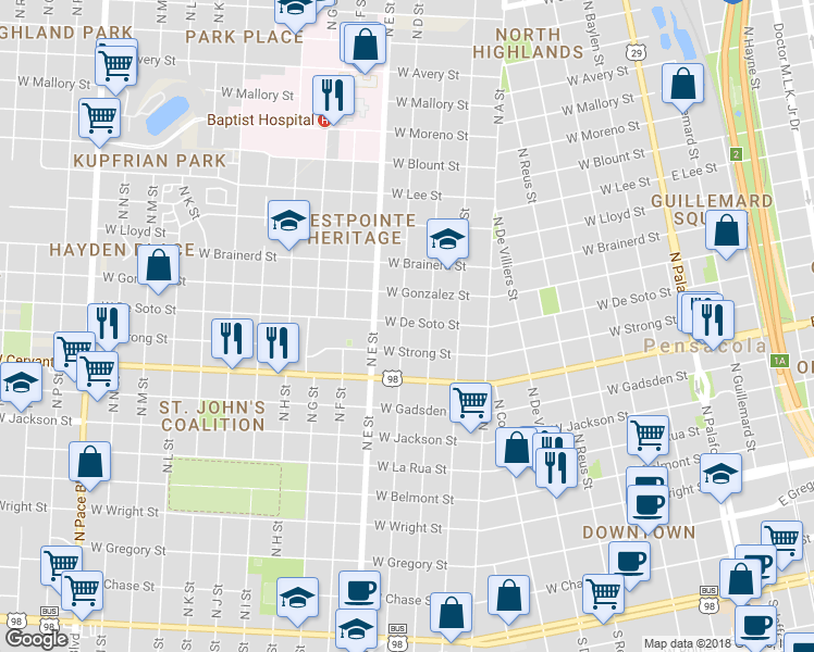 map of restaurants, bars, coffee shops, grocery stores, and more near 923 West De Soto Street in Pensacola