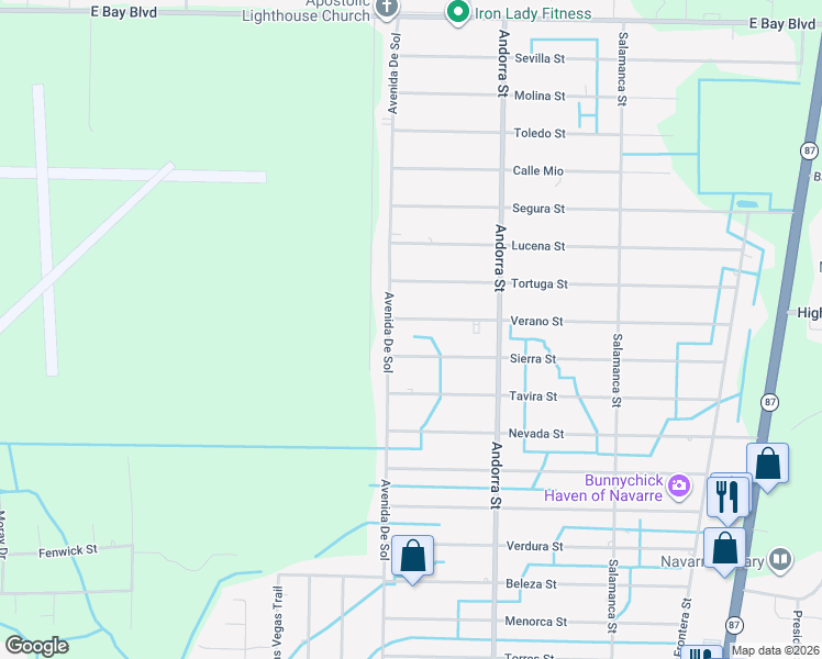 map of restaurants, bars, coffee shops, grocery stores, and more near 2400 Avenida De Sol in Navarre