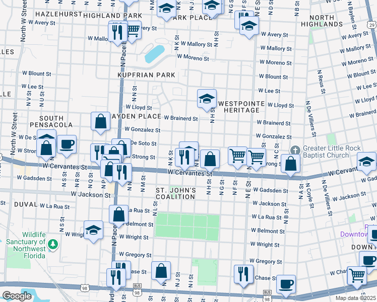 map of restaurants, bars, coffee shops, grocery stores, and more near 900 North J Street in Pensacola