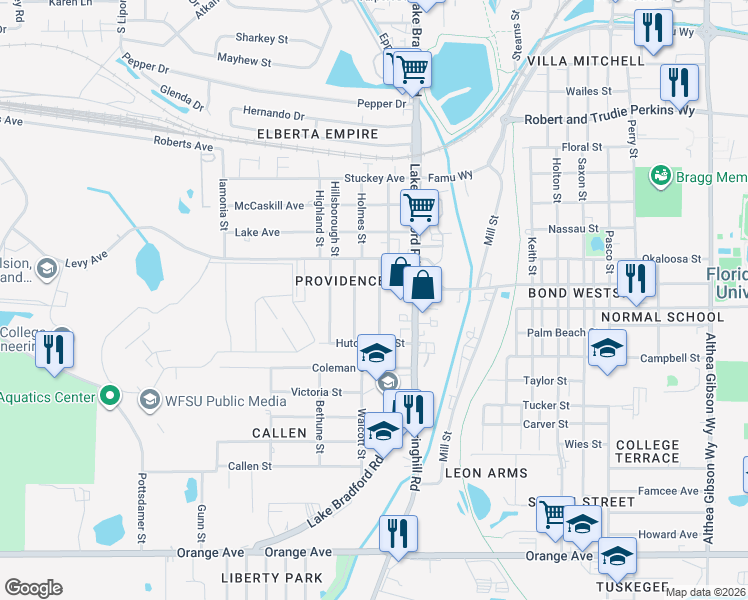 map of restaurants, bars, coffee shops, grocery stores, and more near 2051 Holmes Street in Tallahassee