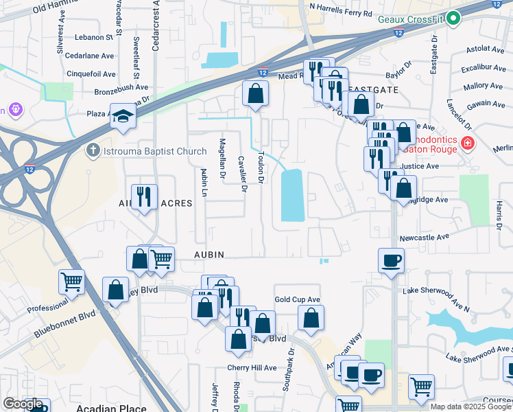 map of restaurants, bars, coffee shops, grocery stores, and more near 3135 Cavalier Drive in Baton Rouge