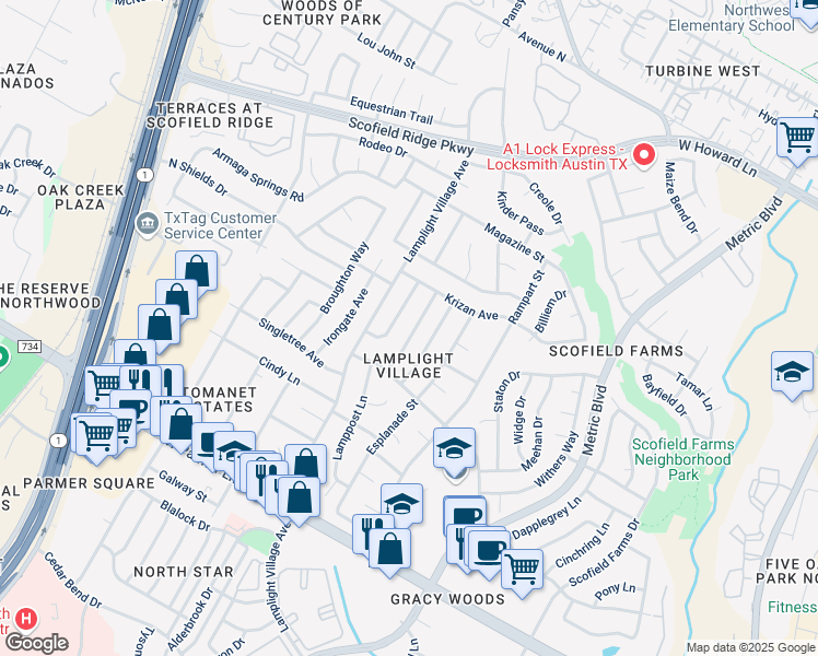 map of restaurants, bars, coffee shops, grocery stores, and more near 12909 Candlestick Place in Austin