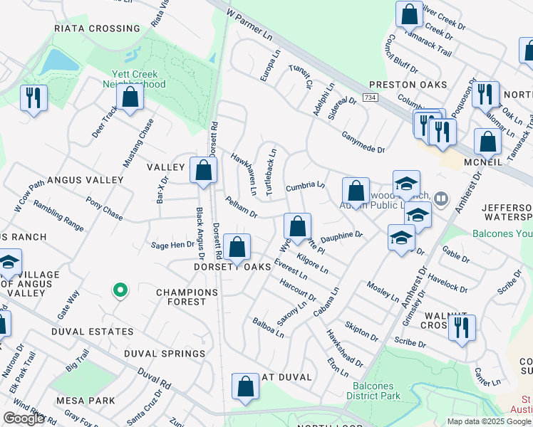 map of restaurants, bars, coffee shops, grocery stores, and more near 12212 Arrowwood Drive in Austin