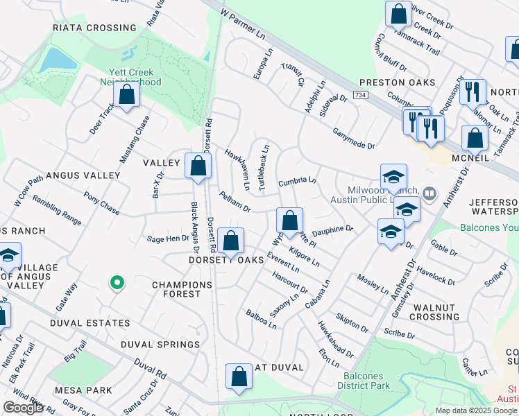 map of restaurants, bars, coffee shops, grocery stores, and more near 12212 Arrowwood Drive in Austin