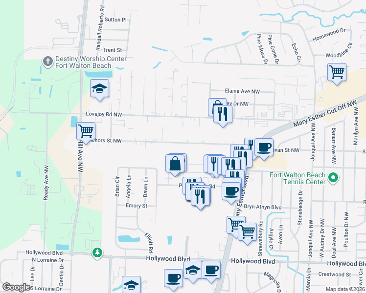 map of restaurants, bars, coffee shops, grocery stores, and more near 638 Anchors Street Northwest in Fort Walton Beach