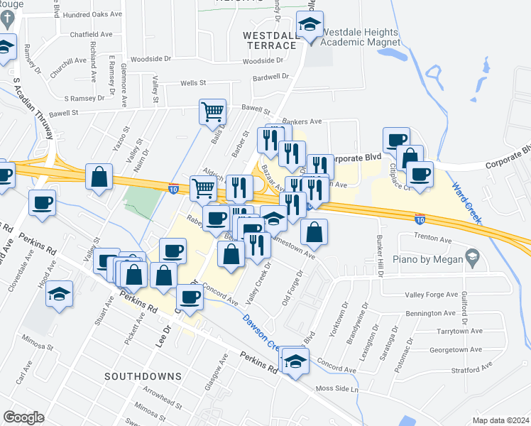 map of restaurants, bars, coffee shops, grocery stores, and more near 4646 Constitution Avenue in Baton Rouge
