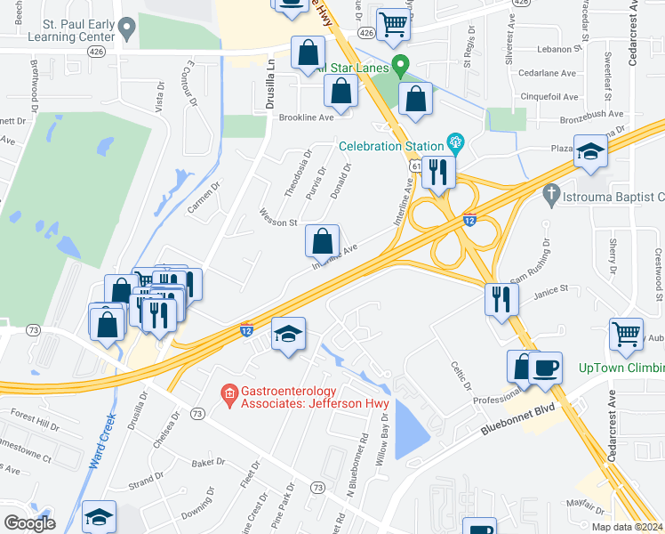 map of restaurants, bars, coffee shops, grocery stores, and more near 9336 Interline Avenue in Baton Rouge