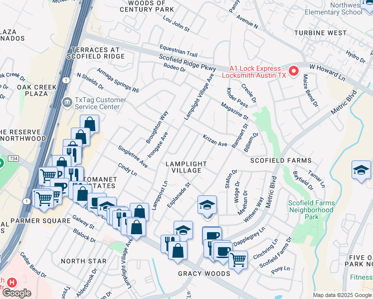 map of restaurants, bars, coffee shops, grocery stores, and more near 12909 Candlestick Place in Austin