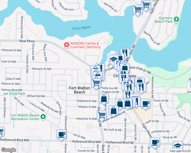 map of restaurants, bars, coffee shops, grocery stores, and more near 90 Beal Parkway Northwest in Fort Walton Beach