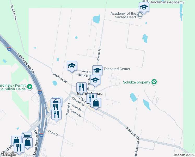 map of restaurants, bars, coffee shops, grocery stores, and more near 238 Church Street in Grand Coteau
