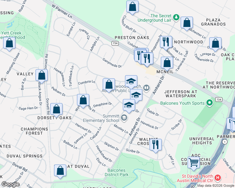 map of restaurants, bars, coffee shops, grocery stores, and more near 12304 Cassady Drive in Austin
