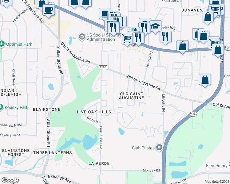 map of restaurants, bars, coffee shops, grocery stores, and more near 1564 China Grove Trail in Tallahassee