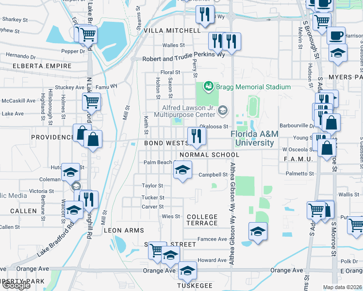 map of restaurants, bars, coffee shops, grocery stores, and more near 647 Osceola Street in Tallahassee