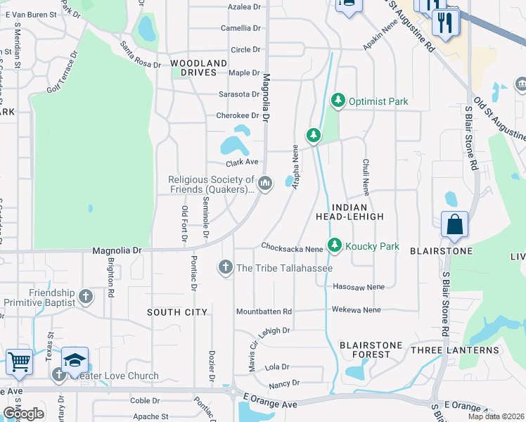 map of restaurants, bars, coffee shops, grocery stores, and more near 2017 South Magnolia Drive in Tallahassee