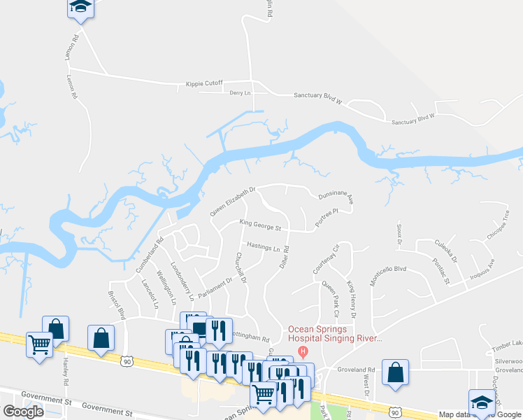 map of restaurants, bars, coffee shops, grocery stores, and more near 1419 Diller Road in Ocean Springs