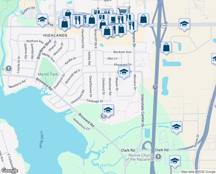 map of restaurants, bars, coffee shops, grocery stores, and more near 10234 Elmhurst Drive in Jacksonville