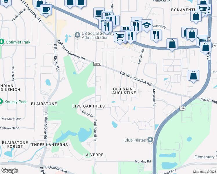 map of restaurants, bars, coffee shops, grocery stores, and more near 1564 China Grove Trail in Tallahassee