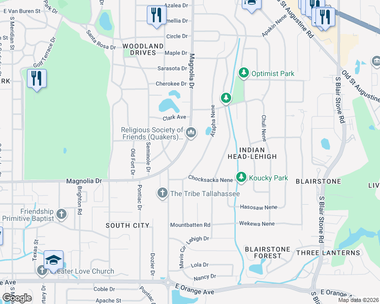 map of restaurants, bars, coffee shops, grocery stores, and more near 2017 South Magnolia Drive in Tallahassee