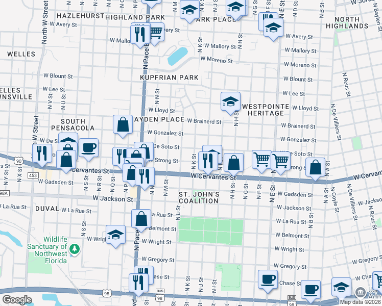 map of restaurants, bars, coffee shops, grocery stores, and more near 900 North K Street in Pensacola