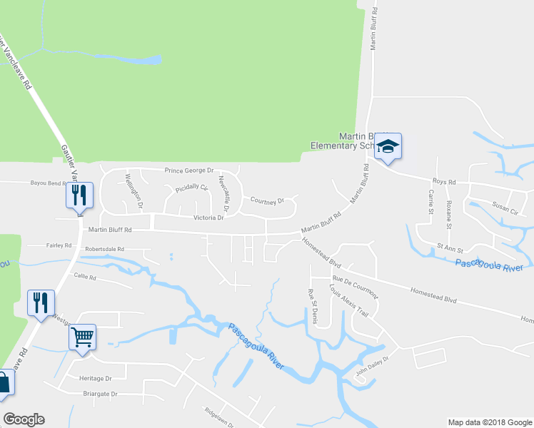 map of restaurants, bars, coffee shops, grocery stores, and more near 1720 Victoria Drive in Gautier