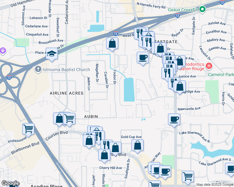 map of restaurants, bars, coffee shops, grocery stores, and more near 11070 Mead Road in Baton Rouge
