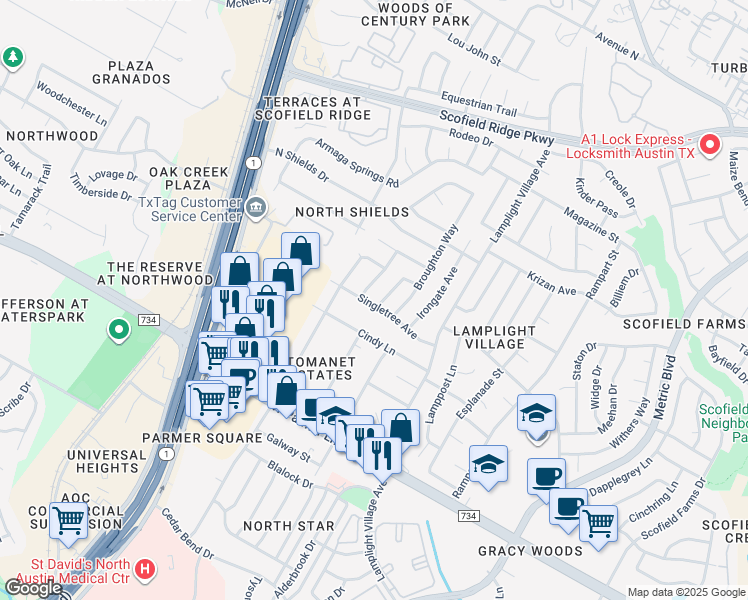 map of restaurants, bars, coffee shops, grocery stores, and more near 2213 Singletree Avenue in Austin