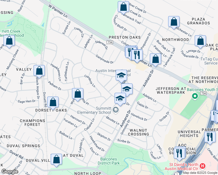 map of restaurants, bars, coffee shops, grocery stores, and more near 12304 Cassady Drive in Austin