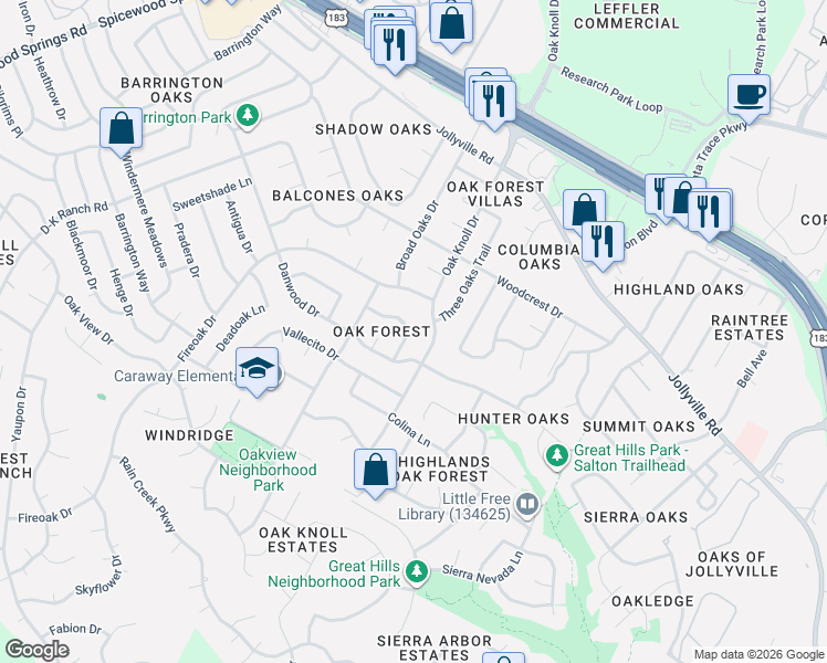 map of restaurants, bars, coffee shops, grocery stores, and more near 6700 Rustling Oaks Trail in Austin