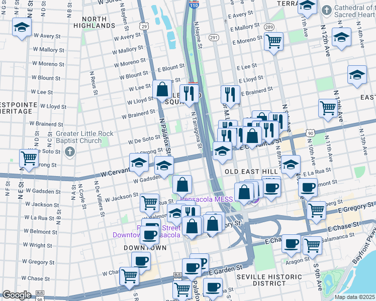 map of restaurants, bars, coffee shops, grocery stores, and more near 812 North Guillemard Street in Pensacola