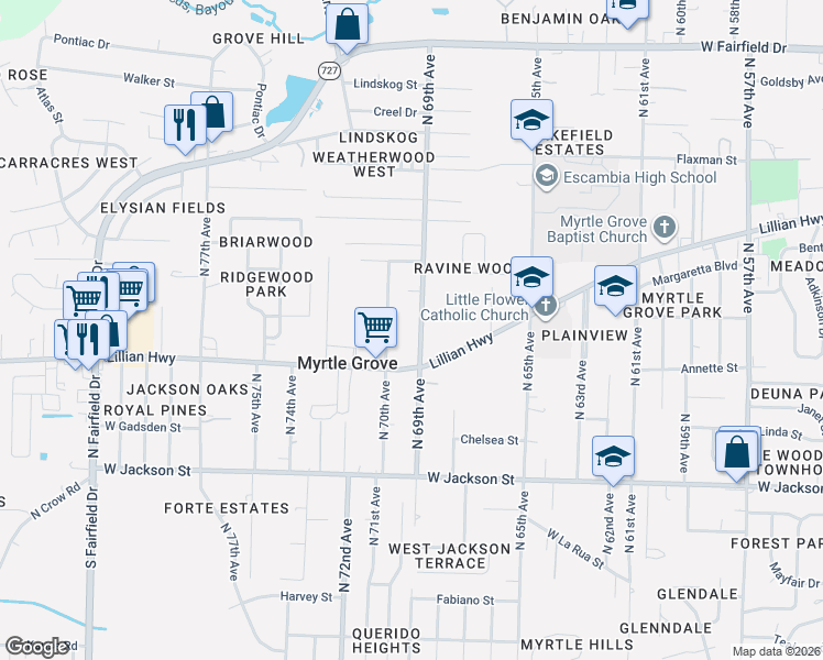 map of restaurants, bars, coffee shops, grocery stores, and more near 900 North 69th Avenue in Pensacola