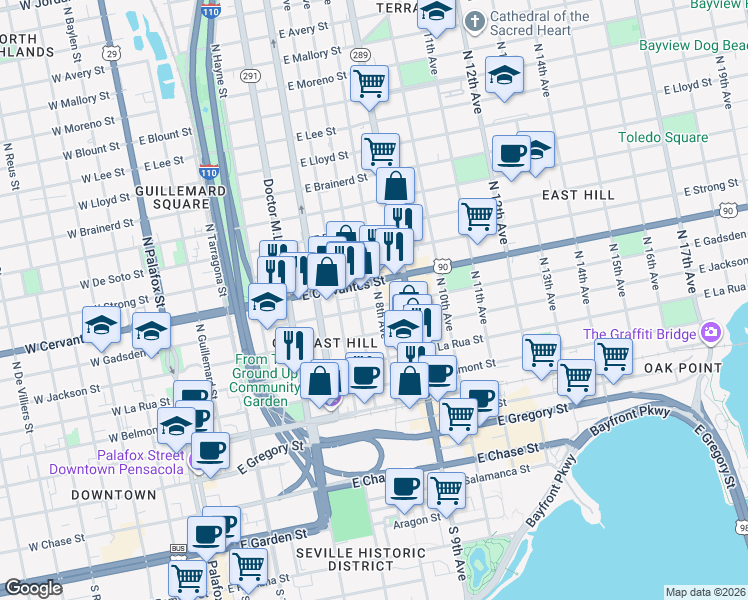 map of restaurants, bars, coffee shops, grocery stores, and more near 711 North 8th Avenue in Pensacola