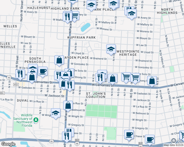 map of restaurants, bars, coffee shops, grocery stores, and more near 900 North K Street in Pensacola