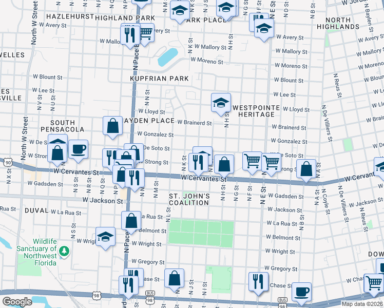 map of restaurants, bars, coffee shops, grocery stores, and more near 900 North J Street in Pensacola