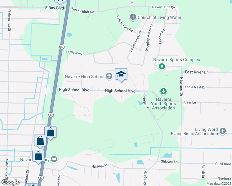 map of restaurants, bars, coffee shops, grocery stores, and more near 8685 High School Boulevard in Navarre
