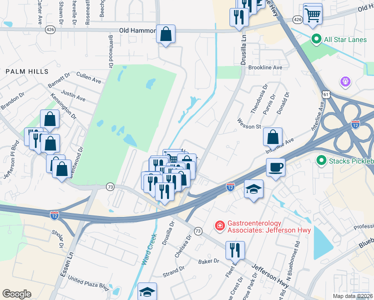 map of restaurants, bars, coffee shops, grocery stores, and more near 8980 Alma Drive in Baton Rouge