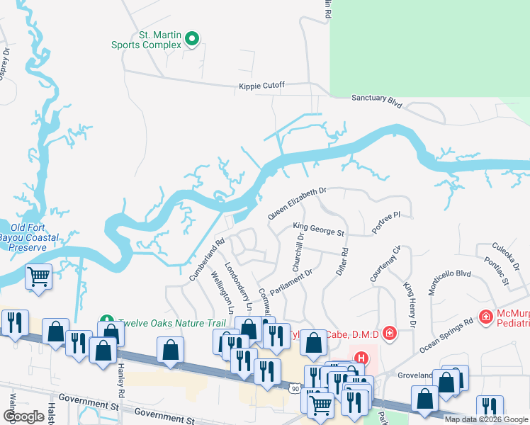 map of restaurants, bars, coffee shops, grocery stores, and more near 3705 Queen Elizabeth Drive in Ocean Springs