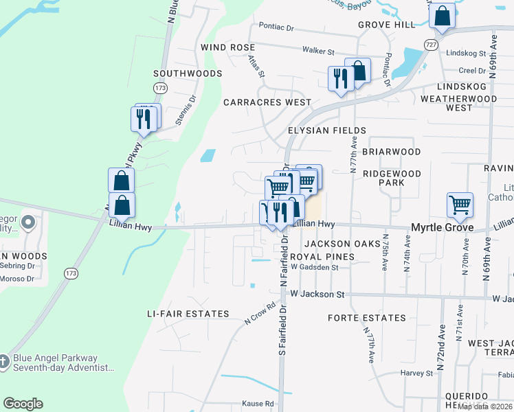 map of restaurants, bars, coffee shops, grocery stores, and more near 821 Esconditas Place in Pensacola
