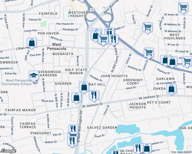 map of restaurants, bars, coffee shops, grocery stores, and more near 4338 Perdido Street in Pensacola