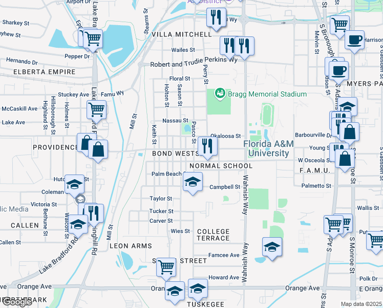 map of restaurants, bars, coffee shops, grocery stores, and more near 647 Osceola Street in Tallahassee