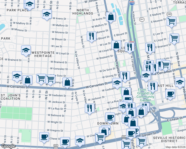 map of restaurants, bars, coffee shops, grocery stores, and more near 314 West Strong Street in Pensacola