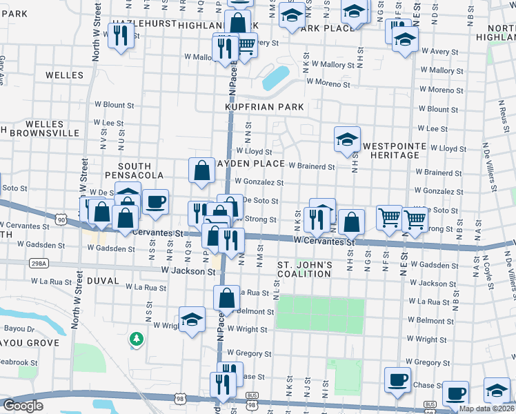 map of restaurants, bars, coffee shops, grocery stores, and more near 1810 West Cervantes Street in Pensacola