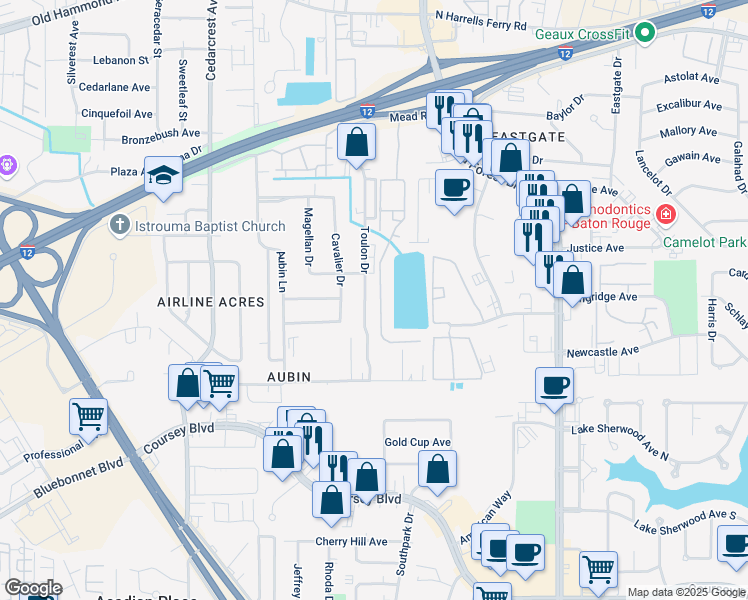 map of restaurants, bars, coffee shops, grocery stores, and more near 11070 Mead Road in Baton Rouge