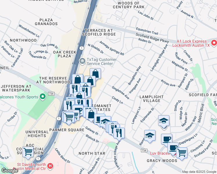map of restaurants, bars, coffee shops, grocery stores, and more near 2309 Cindy Lane in Austin