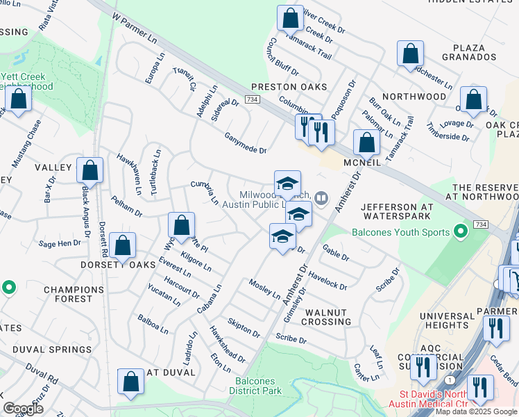 map of restaurants, bars, coffee shops, grocery stores, and more near 12304 Cassady Drive in Austin